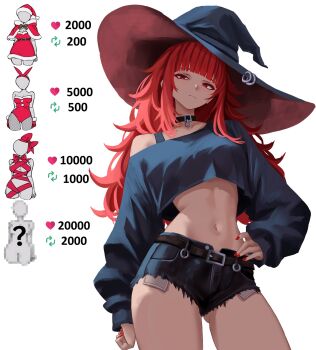 1girl belt black_choker black_hat black_shirt black_shorts bra_strap breasts choker closed_mouth commentary contrapposto cowboy_shot crop_top crop_top_overhang cutoffs denim denim_shorts english_commentary exposed_pocket expressionless gluteal_fold hand_on_own_hip hat heart highres like_and_retweet long_hair long_sleeves looking_at_viewer medium_breasts midriff nail_polish navel off_shoulder open_fly original pantyhose red_eyes red_hair red_nails shirt short_shorts shorts simple_background single_bare_shoulder solo stomach thighs twitter_strip_game val_(yan_kodiac) white_background witch_hat yan_kodiac