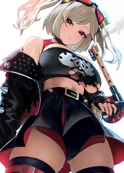 Rule 34 | 1girl, absurdres, armpit crease, bare shoulders, belt, black belt, black jacket, black panties, black shirt, black skirt, blonde hair, breasts, burnice white, collar, commentary request, cowboy shot, crop top, eyewear on head, flamethrower, gluteal fold, hair ornament, highres, holding flamethrower, holding weapon, jacket, kazane-wind, large breasts, looking at viewer, open clothes, open jacket, orange-tinted eyewear, paid reward available, panties, parted lips, red collar, red eyes, shirt, short hair, skirt, solo, sunglasses, thighs, tinted eyewear, torn clothes, torn shirt, twintails, underwear, zenless zone zero