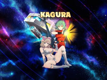 aiming aiming_at_viewer arm_cannon arm_guards armband belt belt_buckle black_belt blonde_hair blush boots bow breasts buckle choker cleavage closed_mouth cobra_(space_adventure_cobra) cobra_(space_adventure_cobra)_(cosplay) copyright_name copyright_notice cosplay crossover curly_hair earrings energy energy_cannon energy_gun firing firing_at_viewer green_eyes green_hair grey_belt groin gun hair_bow half-closed_eyes haruka_(senran_kagura) high_heels highres hikage_(senran_kagura) holding holding_gun holding_weapon jane_royal jane_royal_(cosplay) jewelry knee_boots large_breasts logo_parody looking_at_viewer machine muzzle_flash nail_polish navel nebula official_alternate_costume official_art on_floor pants parody petals pink_bow planet psychogun red_nails red_shirt revealing_clothes rifle science_fiction senran_kagura senran_kagura_new_link senran_kagura_shoujo-tachi_no_shin'ei shiny_skin shirt short_hair silver_choker silver_footwear sitting sky slit_pupils smile space space_adventure_cobra spacecraft spread_legs star_(sky) starry_sky swimsuit switch title_parody vehicle_interior weapon window yaegashi_nan yellow_eyes