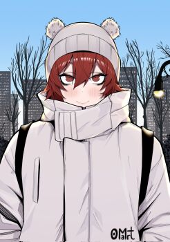 1girl aizawa_tomo artist_name bare_tree black_bag black_eyeshadow blue_sky blush cityscape closed_mouth commentary_request corrupted_twitter_file dot_nose eyelashes eyeshadow hair_between_eyes hat hat_with_ears highres jacket lamppost looking_at_viewer makeup oomartm outdoors red_eyes red_hair short_hair signature sky smile solo spanish_commentary tomboy tomo-chan_wa_onna_no_ko tree upper_body white_hat white_jacket winter_clothes