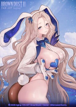1girl absurdres animal_ears animal_hands ass asymmetrical_clothes asymmetrical_legwear blonde_hair blue_bow blue_bowtie blue_eyes bow bowtie breasts brown_dust_(series) brown_dust_2 darian_silverstein darian_silverstein_(bittersweet_bunny) fake_animal_ears fake_tail gloves heart_pasties highres inging823 large_breasts long_hair looking_at_viewer nontraditional_playboy_bunny official_alternate_costume pasties paw_gloves playboy_bunny rabbit_ears rabbit_tail single_leg_pantyhose single_pasty skindentation smile solo tail very_long_hair