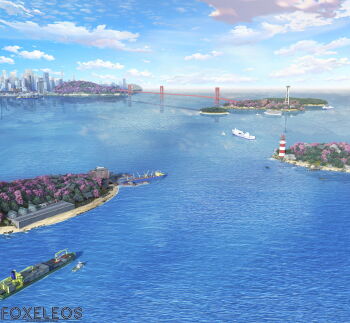 3d absurdres aircraft airplane artist_name barrel beach blender_(medium) blue_sky blue_theme boat bridge building cargo_ship city cloud cloudy_sky commentary container container_ship day english_commentary foxeleos from_above greenhouse harbor highres island italian_text lighthouse no_humans ocean original outdoors photoshop_(medium) pier reflection rock runway sand scenery ship sky skyscraper translation_request tree watchtower water water_tank watercraft watermark