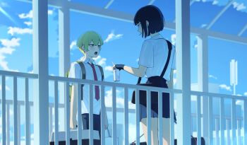 Rule 34 | 1boy, 1girl, absurdres, alternate costume, black hair, black skirt, blonde hair, blue sky, blush, can, cigarette, co duck, collared shirt, couple, hashtag-only commentary, height difference, hetero, highres, limbus company, necktie, open mouth, outdoors, project moon, red necktie, ryoshu (project moon), school uniform, shirt, short hair, sinclair (project moon), skirt, sky, smoking, sweat, white shirt, yellow eyes