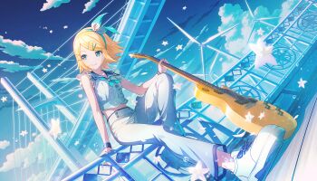 1girl aqua_bow aqua_neckerchief arm_support arms_at_sides bare_arms blonde_hair blue_sailor_collar blue_sky blue_theme bow bow_hairband bracelet bridge buttons caustics cloud cloudy_sky collarbone colorful_palette crop_top cumulonimbus_cloud day dot_nose dutch_angle facing_viewer fingernails flat_chest floating_hair floor flower frills full_body gradient_sky green_eyes guitar hair_ornament hairband hairclip hand_on_own_knee hand_rest happy high-waist_pants highres holding holding_guitar holding_instrument instrument instrument_request jewelry kagamine_rin knee_up leo/need_(project_sekai) leo/need_rin light_particles looking_afar midriff_peek neckerchief official_art on_railing orchid outdoors pants perspective petals project_sekai railing sailor_collar shoelaces shoes short_hair sideways_glance sitting sky smile sneakers solo star_button swept_bangs third-party_source two-tone_bow vanilla vanishing_point vocaloid water water_drop white_bow white_flower white_pants white_shoes wind_turbine windmill wooden_floor wristband yellow_nails