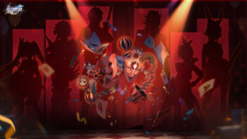 Rule 34 | 2boys, 4girls, aha (honkai: star rail), ball, blade (honkai: star rail), card, character request, chinese commentary, commentary request, confetti, highres, honkai: star rail, honkai (series), mask, multiple boys, multiple girls, official art, playing card, silhouette, silver wolf (honkai: star rail), sparkle (honkai: star rail), spotlight