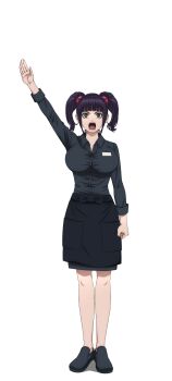 1girl breasts green_eyes highres kamen_rider large_breasts lips long_hair looking_at_viewer looking_up official_art open_mouth parted_lips purple_hair solo standing toujima_tanzaburou_wa_kamen_rider_ni_naritai transparent_background twintails wide_hips yukarisu