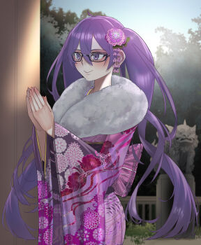 1girl absurdres blue_notuki blush closed_mouth commentary_request cowboy_shot fate/grand_order fate_(series) fingernails flower glasses hair_flower hair_ornament highres japanese_clothes kimono lion_dance long_fingernails long_hair outdoors own_hands_clasped own_hands_together pink_nails purple_eyes purple_hair purple_kimono sion_eltnam_(type-moon) sion_eltnam_sokaris smile solo standing