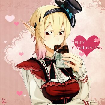 Rule 34 | 1girl, aqua bow, arm across waist, black hairband, black hat, blonde hair, bow, breasts, candy, chocolate, chocolate bar, commentary request, dress, euclita (pso2), food, food in mouth, frilled shirt collar, frills, gradient hair, hair between eyes, hairband, happy valentine, hat, hat bow, heart, holding, holding chocolate, holding food, kanade (unchi knd280), light blush, long pointy ears, long sleeves, mini hat, mini top hat, multicolored hair, neck ribbon, newman, phantasy star, phantasy star online 2, pink hair, pointy ears, polka dot hairband, red dress, red eyes, ribbon, shirt, short hair, sidelocks, solo, top hat, two-tone hair, upper body, valentine, white shirt