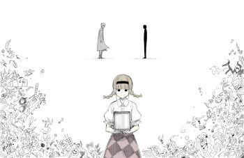 1boy 1girl black_eyes black_hairband blot_plot blunt_bangs box braid brown_hair checkered_clothes checkered_skirt coat collared_shirt commentary_request greyscale hairband holding holding_box john_(kankan33333) kankan33333 long_hair looking_at_another monochrome original shirt short_hair silhouette simple_background sketch_inset skirt smile spot_color standing twin_braids white_background white_shirt