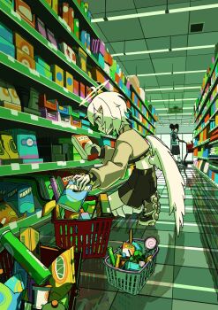 Rule 34 | 2girls, ahoge, angel wings, black hair, black shorts, box, brown shirt, ceiling, ceiling light, commentary, crop top, double bun, full body, gaako illust, hair bun, hair ornament, hairclip, halo, highres, holding, holding box, indoors, long sleeves, multiple girls, original, outstretched arm, shirt, shopping basket, short hair, shorts, squatting, tile ceiling, tile floor, tiles, tongue, tongue out, white hair, white wings, wings, yellow halo