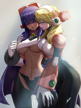 2girls alia_(mega_man) android arm_around_shoulder blonde_hair blue_eyes blunt_bangs blush breasts capcom commentary_request dark-skinned_female dark_skin framed_breasts gloves hair_between_eyes hair_over_eyes hand_on_another&#039;s_thigh headset highres hime_cut large_breasts layer_(mega_man) long_hair mega_man_(series) mega_man_x8 mega_man_x_(series) mole mole_under_eye multiple_girls purple_hair robot_ears simple_background smile sweat underboob user_fuyz3388 white_gloves wide_hips yuri
