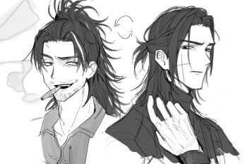 2boys beard_stubble chanil_(muexlku) cigar closed_mouth coat collared_shirt commentary_request facial_hair greyscale hair_intakes half_updo jia_qiu_(project_moon) korean_commentary lei_heng_(project_moon) limbus_company looking_to_the_side monochrome multicolored_hair multiple_boys mustache_stubble open_mouth ponytail project_moon shirt simple_background smile smoke smoking streaked_hair stubble sweater