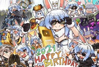 2021 2girls andromedako animal_ear_fluff animal_ears armpits black_gloves black_leotard blue_hair bow braid breasts carrot carrot_hair_ornament closed_mouth coat commentary_request cosplay covering_own_eyes creature death_stranding detached_sleeves diadem don-chan_(usada_pekora) ender_dragon english_text extra_ears fall_guy fall_guys food-themed_hair_ornament fur-trimmed_coat fur-trimmed_gloves fur_trim getting_over_it gloves golden_cauldron green_eyes hair_ornament hammer happy_birthday heart heart_hands highres holding holding_weapon hololive itsuki_tasuku laughing leotard long_hair majima_goro majima_goro_(cosplay) minecraft multicolored_hair multiple_girls multiple_persona multiple_views nayutan_sei_kara_no_buttai open_mouth orange_eyes orange_sweater pekomama pekomon_(usada_pekora) rabbit_ears rabbit_girl ryuu_ga_gotoku_(series) sam_porter_bridges sam_porter_bridges_(cosplay) scarf shirogane_noel smile smug solid_oval_eyes strapless strapless_leotard sunglasses sweater symbol_in_eye thick_eyebrows translucent_hair twin_braids two-tone_hair usada_pekora usada_pekora_(1st_costume) usada_pekora_(cosplay) virtual_youtuber weapon white_coat white_hair youtube_creator_award