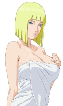 1girl artist_name bare_shoulders blonde_hair blue_eyes breasts commentary deviantart_logo deviantart_username english_commentary highres kiripetals large_breasts looking_at_viewer naruto_(series) samui_(naruto) short_hair simple_background solo towel upper_body watermark web_address white_background