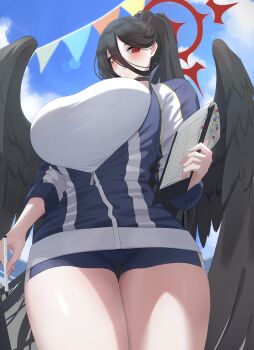 absurdres black_choker black_hair black_wings blue_archive blue_jacket breasts choker clipboard feathered_wings from_below gym_shirt gym_shorts gym_uniform hair_between_eyes halo hasumi_(blue_archive) hasumi_(track)_(blue_archive) high_ponytail highres holding holding_clipboard huge_breasts jacket long_hair long_hair_between_eyes loosely_tucked_bangs low_wings mintotoho mole mole_under_eye official_alternate_costume oversized_wings partially_unzipped ponytail red_eyes red_halo shirt shorts track_jacket wings