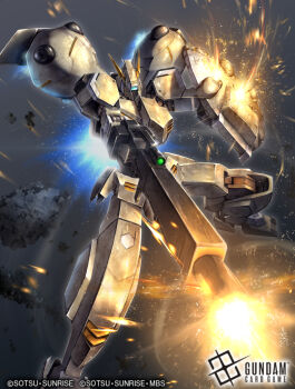 copyright_logo copyright_name copyright_notice gundam gundam_card_game gundam_gusion_rebake gundam_tekketsu_no_orphans holding holding_weapon logo mecha mobile_suit no_humans official_art robot soezy space weapon