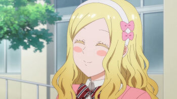 1girl blonde_hair blush_stickers bow bowtie carol_olston closed_eyes collared_shirt day hairband highres jacket long_hair outdoors pink_jacket portrait red_bow red_bowtie shirt smile solo striped_bow striped_bowtie striped_clothes tomo-chan_wa_onna_no_ko tree white_hairband white_shirt