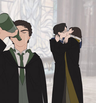 1boy 2girls alcohol black_robe bottle brown_hair drinking drunk freckles glasses highres hogwarts_legacy hogwarts_school_uniform holding holding_bottle hooded_robe huayv666 hufflepuff kiss meme meme_request multiple_girls poppy_sweeting protagonist_(hogwarts_legacy) ravenclaw robe school_uniform sebastian_sallow short_hair slytherin tears wizarding_world yuri