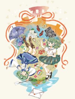 2girls alternate_costume ball detached_sleeves dual_persona envelope flower frog frog_hair_ornament gohei green_eyes green_hair hair_ornament hydrangea kochiya_sanae long_hair multiple_girls one_eye_closed onigiri_(ginseitou) oonusa open_mouth pinwheel school_uniform serafuku shoes unworn_shoes simple_background skirt smile snake snake_hair_ornament socks static teruterubouzu torii touhou umbrella upside-down