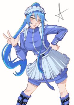 1girl absurdres blue_hair boxers breasts commentary double-parted_bangs eiyuu_densetsu english_commentary floating_hair hair_between_eyes hand_on_own_hip highres jacket large_breasts laura_s._arseid long_single_sidelock looking_at_viewer maid maid_headdress male_underwear nail_polish ponytail red_draws5 sen_no_kiseki_(series) simple_background single_sidelock skirt smile solo track_jacket underwear upper_body v white_background white_skirt yellow_eyes