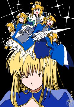 Rule 34 | 6+girls, ahoge, armor, artist name, artoria pendragon (fate), black background, blonde hair, blue cape, blue dress, cape, closed eyes, closed mouth, commentary request, covering face, crown, diffraction spikes, dress, fate/stay night, fate (series), fur-trimmed cape, fur trim, gauntlets, green eyes, hair bun, hair down, hands on own face, highres, ima mo nao kangaechuu, juliet sleeves, lance, long dress, long hair, long sleeves, mini person, minigirl, multiple girls, multiple persona, on head, polearm, portrait, puffy sleeves, saber (fate), saber lily, simple background, single hair bun, smile, sparkle, surreal, v-shaped eyebrows, weapon