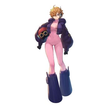 1girl absurdres blonde_hair bodysuit boots breasts brown_eyes chagallkun cropped_jacket curvy full_body hair_over_one_eye helmet highres jacket large_breasts looking_at_viewer one_piece pilot_helmet pink_bodysuit purple_jacket short_hair simple_background smile solo standing tachi-e unworn_headwear unworn_helmet vegapunk_lilith white_background wide_hips