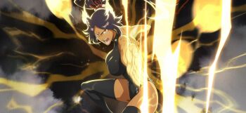 1girl alternate_form angry animal_ears attack aura backless_leotard backless_outfit bare_arms bare_shoulders black_bodysuit black_leotard bleach bleach:_brave_souls bleach:_sennen_kessen-hen bodysuit boots breasts cat_ears cat_girl cleavage dark-skinned_female dark_background dark_skin dynamic_pose electricity electrokinesis energy feet_out_of_frame female_focus fighting_stance glowing hair_ears hair_ornament hair_ribbon hair_tie high_collar high_ponytail highleg highleg_leotard highres impossible_clothes impossible_leotard incoming_attack large_breasts leotard lightning long_hair looking_at_viewer official_art open_mouth outstretched_arm parted_bangs perky_breasts ponytail purple_hair ribbon second-party_source serious shihouin_yoruichi shiny_clothes sideboob skin_tight sleeveless solo solo_focus teeth thigh_boots thighhighs thighs tight_clothes toned toned_female v-shaped_eyebrows wristband yellow_eyes