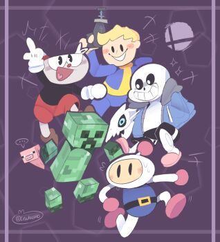 +++ ... 4boys belt black_belt black_shorts blonde_hair blue_jacket blue_pants blush blush_stickers bomberman brown_shoes commentary creeper cuphead cuphead_(game) english_commentary fallout flying_sweatdrops gasterblaster gloves grin highres holding holding_ray_gun holding_weapon hood hood_down hooded_jacket index_finger_raised jacket lewkiss40 long_sleeves minecraft motion_lines multiple_boys nervous_sweating nintendo open_mouth pants pig pig_(minecraft) pink_shoes purple_background red_shorts sans_(undertale) shoes short_hair shorts skeleton smile speech_bubble spoken_ellipsis super_smash_bros. super_smash_bros._logo sweat teeth trait_connection twitter_username undertale utdr_(toby_fox) vault_boy weapon white_bomberman white_gloves