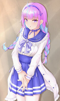Rule 34 | 1girl, ahoge, anchor hair ornament, anchor symbol, blue choker, blue hairband, blue sailor collar, blush, bow, braid, breasts, choker, colored inner hair, frilled sailor collar, frills, hair ornament, hairband, high-waist skirt, highres, hololive, jacket, long hair, long sleeves, looking at viewer, looking to the side, minato aqua, minato aqua (sailor), mizusaki (kn27), multicolored hair, official alternate costume, pantyhose, pink hair, purple eyes, ribbon choker, sailor collar, school uniform, simple background, skirt, solo, twin braids, two-tone hair, v, v arms, virtual youtuber, white pantyhose