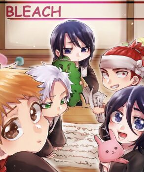 1046sstep_btoh 1girl 4boys abarai_renji black_hair bleach blue_eyes brown_eyes chibi commentary_request copyright_name green_eyes hair_between_eyes haori highres hitsugaya_toushirou holding holding_paper holding_stuffed_toy japanese_clothes kuchiki_byakuya kuchiki_rukia kurosaki_ichigo multiple_boys open_mouth orange_hair paper red_eyes red_hair seaweed_ambassador shihakusho sitting smile stuffed_animal stuffed_rabbit stuffed_toy taichou_haori white_hair