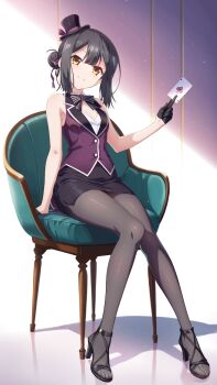 1girl black_hair card fate/kaleid_liner_prisma_illya fate_(series) feet hair_bun highres long_hair looking_at_viewer miyu_edelfelt netarrow pantyhose playing_card sandals sitting smile toes yellow_eyes