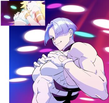 1boy bb_zatta biceps black_choker bodysuit choker closed_mouth commentary_request covered_abs gloves hands_on_own_chest highres looking_at_viewer male_focus muscular muscular_male panty_&amp;_stocking_with_garterbelt panty_(psg) polyester_(psg) purple_hair red_eyes scene_reference smile solo white_gloves