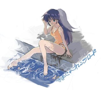 1980s_(style) 1girl ayukawa_madoka barefoot black_hair blue_eyes breasts cleavage closed_mouth dated full_body highres kimagure_orange_road kojima_keisuke long_hair looking_at_viewer oldschool one-piece_swimsuit retro_artstyle smile solo swimsuit water