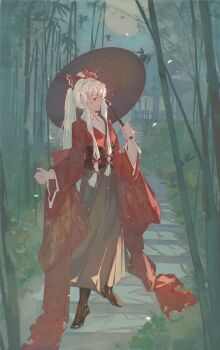 1girl absurdres bamboo bamboo_forest building forest fujiwara_no_mokou gensou_getsumen_rt hair_ribbon high_ponytail highres holding holding_umbrella long_hair nature oil-paper_umbrella path ponytail red_eyes red_ribbon ribbon road solo stepping_stones touhou umbrella white_hair