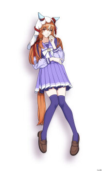 1girl absurdres ahoge animal_ears bow bowtie brown_hair brown_shoes ear_ribbon frilled_skirt frills hair_between_eyes hair_over_shoulder highres hiroto_xiangshaozhu horse_ears horse_girl horse_tail long_hair multicolored_hair pleated_skirt purple_sailor_collar purple_shirt purple_skirt purple_thighhighs red_eyes red_ribbon ribbon sailor_collar school_uniform shirt shirt_tucked_in shoes skirt solo still_in_love_(umamusume) tail thighhighs tracen_school_uniform umamusume veil very_long_hair white_bow white_bowtie white_hair white_veil zettai_ryouiki