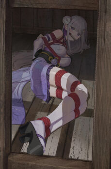 1girl absurdres alternate_costume arms_behind_back bdsm black_sandals black_sash bondage bound bound_legs breasts cailin020 commentary detached_sleeves emilia_(re:zero) english_commentary flower gagged hair_flower hair_ornament highres japanese_clothes kimono large_breasts long_hair looking_at_viewer lying obi obiage obijime on_floor on_side paid_reward_available platform_clogs platform_sandals purple_eyes purple_kimono re:zero_kara_hajimeru_isekai_seikatsu red_rope restrained rope sandals sash shibari shibari_over_clothes solo thighhighs white_hair white_thighhighs wooden_floor