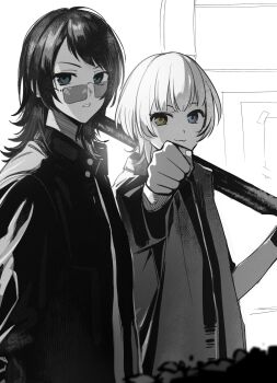 2girls :3 bang_dream! bang_dream!_it&#039;s_mygo!!!!! blue_eyes chinese_commentary closed_mouth commentary_request cracy_logan glasses greyscale heterochromia highres jacket kaname_raana long_sleeves looking_at_viewer medium_hair monochrome multiple_girls open_mouth short_hair spot_color yahata_umiri yellow_eyes