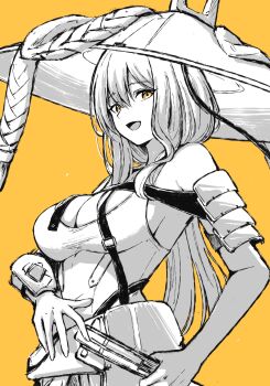 1girl :d armor bodysuit breasts clothing_cutout fighting_stance goddess_of_victory:_nikke greyscale hat highres japanese_armor jingasa kote large_breasts large_hat leotard long_hair looking_at_viewer monochrome open_mouth ready_to_draw scarlet_(nikke) shoulder_armor smile sode solo spot_color sword warubo weapon yellow_background yellow_eyes