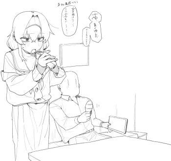 1boy 1girl blue_archive image_sample japanese_text karaoke microphone monochrome rkgk_ojisan school_uniform sensei_(blue_archive) serafuku shirt sitting twitter_sample ui_(blue_archive) white_background white_shirt