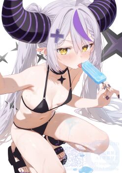 1girl absurdres ahoge alternate_costume alternate_hairstyle ankle_cuffs arm_out_of_frame bikini black_bikini black_choker black_horns black_sandals braid braided_bangs breasts choker cleavage collarbone cross_hair_ornament demon_girl demon_horns dot_nose double-parted_bangs earrings feet food food_on_body food_on_floor food_on_legs from_above grey_hair hair_between_eyes hair_intakes hair_ornament highres holding holding_food holding_popsicle hololive horns huge_horns invisible_floor jewelry la+_darknesss leaning_forward loli long_hair looking_at_viewer melting_popsicle motoi_(croa76) multicolored_hair nail_polish navel platform_sandals pointy_ears popsicle purple_horns purple_nails purple_streaks sandals sidelocks simple_background single_hair_streak skindentation slit_pupils small_breasts solo squatting streaked_hair striped_horns sweat swimsuit tail thighs toes tongue tongue_out twintails two-tone_hair v-shaped_eyebrows very_long_hair virtual_youtuber watermark white_background yellow_eyes