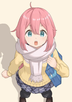 Rule 34 | 1girl, absurdres, bag, black pantyhose, blue bag, blue eyes, brown background, brown shoes, cardigan, clenched hand, full body, grey skirt, highres, kagamihara nadeshiko, loafers, long hair, looking at viewer, motosu school uniform, open mouth, pantyhose, pink hair, pleated skirt, qgkmn541, scarf, school bag, school uniform, shadow, shoes, simple background, skirt, solo, teeth, upper teeth only, white scarf, yellow cardigan, yurucamp