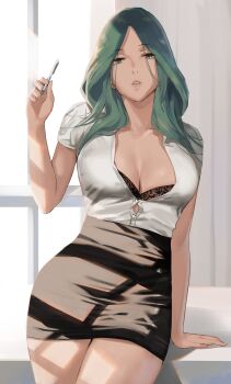 1girl alternate_costume arm_support black_bra black_skirt bra bra_peek breasts cleavage collarbone curtains curvy female_focus fire_emblem fire_emblem:_three_houses green_eyes green_hair highres holding holding_pen indoors j@ck large_breasts long_hair looking_at_viewer matching_hair/eyes mature_female nintendo office_lady parted_lips pen pencil_skirt rhea_(fire_emblem) shirt short_sleeves skirt solo thick_thighs thighs underwear white_shirt wide_hips window