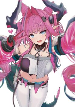Rule 34 | 1girl, arknights, arknights: endfield, arm up, black gloves, black horns, blue eyes, blue hair, blush, breasts, commentary request, crop top, detached sleeves, diamond in eye, drill hair, fang, gloves, hair on horn, hair ornament, heart, highres, horns, long hair, long sleeves, looking at viewer, midriff, multicolored eyes, multicolored gloves, multicolored hair, multicolored horns, navel, open mouth, pants, pink gloves, pink hair, pink horns, pink sleeves, pointy ears, puffy long sleeves, puffy sleeves, selfie, simple background, skin fang, smile, solo, sora mame (princess 0sora), tail, twintails, two-tone gloves, two-tone hair, two-tone horns, v, very long hair, white background, white pants, yvonne (arknights)