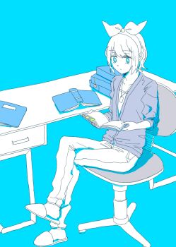 1girl :/ blue_background blue_eyes book book_stack bow chair closed_mouth commentary_request crossed_legs desk hair_bow hairband jewelry kagamine_rin limited_palette necklace open_book pants partially_open_jacket shirt short_hair simple_background sitting solo swivel_chair vocaloid wounds404