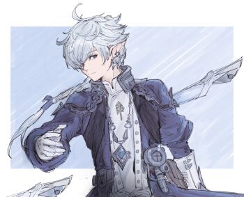 alphinaud_leveilleur blue_background blue_eyes blue_jacket braid braided_ponytail elezen elf final_fantasy final_fantasy_xiv floating floating_object floating_weapon gloves hair_over_one_eye hair_ribbon hutaba_0718 jacket light_smile long_hair looking_at_viewer messy_hair pointy_ears ribbon shirt white_gloves white_hair white_shirt