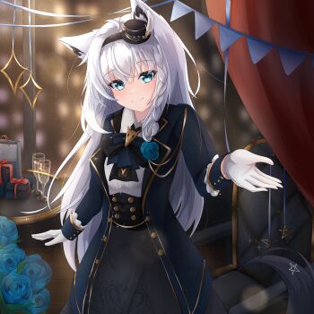 Rule 34 | 1girl, absurdres, ahoge, animal ear fluff, animal ears, black hairband, blue bow, blue bowtie, blue flower, blue rose, blush, bow, bowtie, closed mouth, collared shirt, flower, fox ears, fox girl, fox tail, gift, glasses, gloves, green eyes, hair ornament, hairband, hat, highres, hololive, jacket, long hair, long sleeves, looking at viewer, mini hat, mini top hat, pentagram, rose, shirakami fubuki, shirt, smile, st-147, tail, top hat, very long hair, virtual youtuber, white gloves, white hair, white shirt