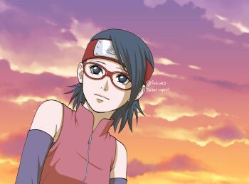 Rule 34 | 1girl, black eyes, black hair, boruto: naruto next generations, breasts, commentary, detached sleeves, forehead protector, glasses, headband, highres, konohagakure symbol, light smile, matsu (fu6ide2), naruto (series), orange sky, purple sky, red-framed eyewear, red headband, sky, small breasts, solo, twitter username, uchiha sarada, upper body, watermark