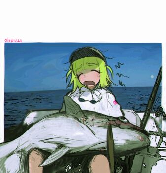 1girl absurdres baseball_cap closed_eyes commentary dated fish green_hair hair_ornament hat highres ocean open_mouth original pyoko_(sandwicha) water