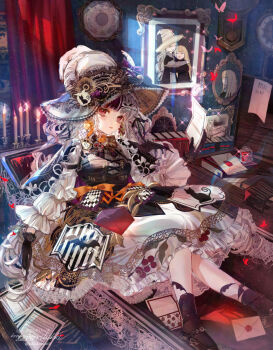 1girl absurdly_detailed_composition black_gloves book bug butterfly candle commentary_request dress gloves hat highres indoors insect komorihikki loaded_interior long_hair looking_at_viewer multicolored_hair original picture_frame red_eyes sensitive sitting solo white_hair witch_hat