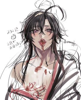 1boy ahoge androgynous bishounen black_hair black_hanfu blush chinese_clothes chocolate chocolate_on_body chocolate_on_face collarbone commentary_request eyelashes food food_on_body food_on_face hair_between_eyes hanfu highres ktxxok long_hair looking_at_viewer male_focus melting modao_zushi off_shoulder open_clothes open_mouth open_robe partially_colored pectorals ponytail purple_eyes robe saliva sidelocks simple_background single_bare_shoulder sketch smile solo sweat teeth tongue tongue_hold tongue_out trap twitter_username upper_body wei_wuxian white_background